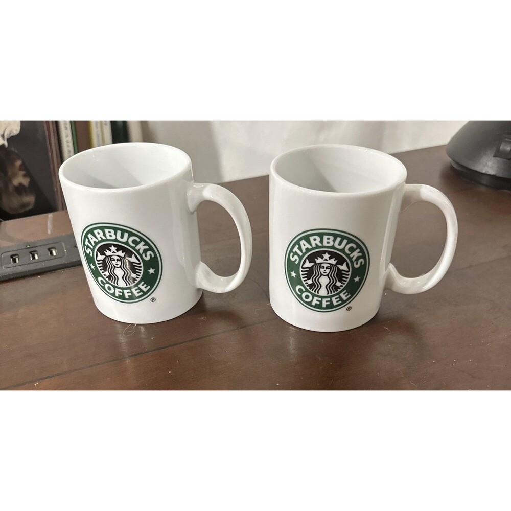 2005 Starbucks Coffee Company White Mugs 9 oz lot of 2. Logo Cups